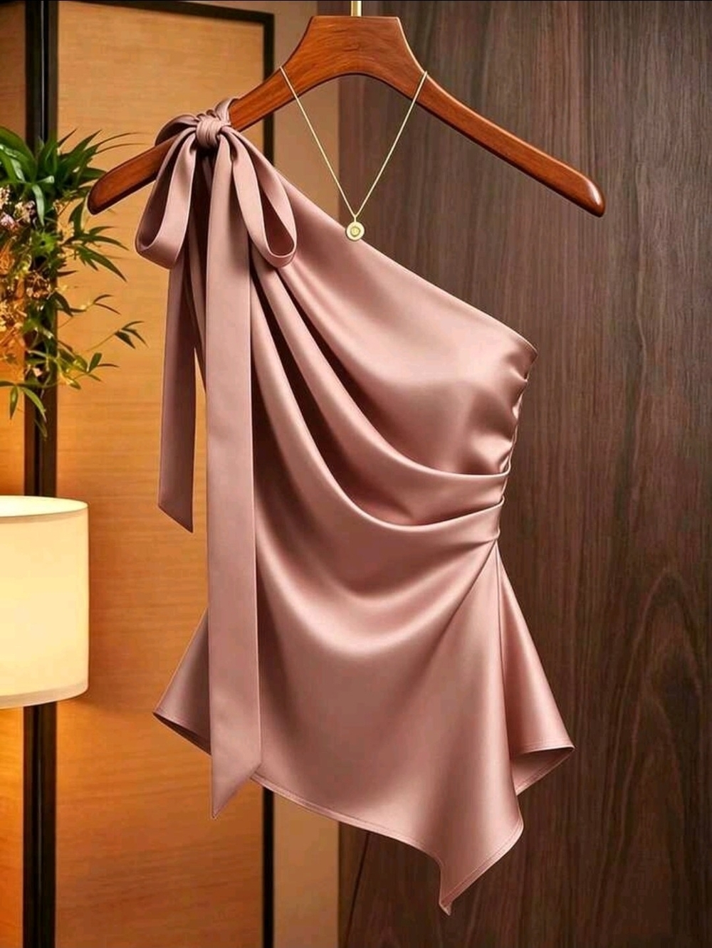 Franclia Satin Shoulder Bow Decor Asymmetrical Ruched Fitted Top